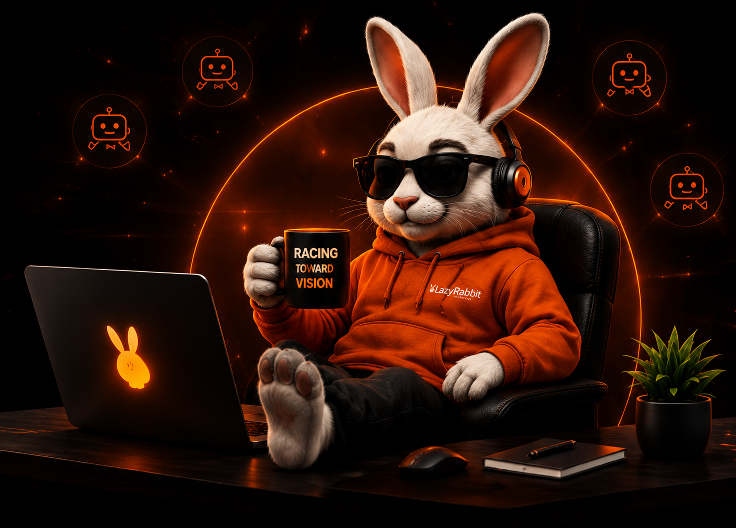 LazyRabbit at the desk — racing toward the vision