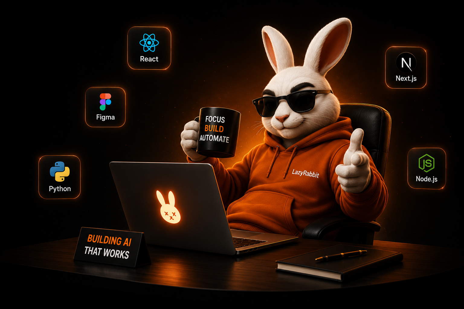 LazyRabbit mascot at desk with React, Figma, Python, Next.js and Node.js